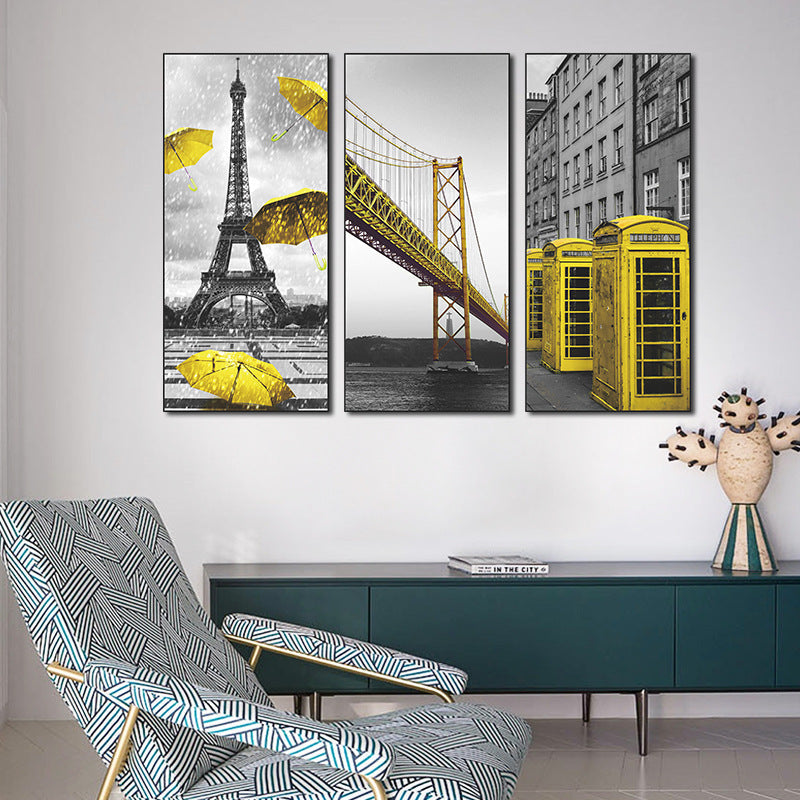 Black White City Architecture with Yellow Accents 3-Panel Wall Sticker Set | Detail View 2