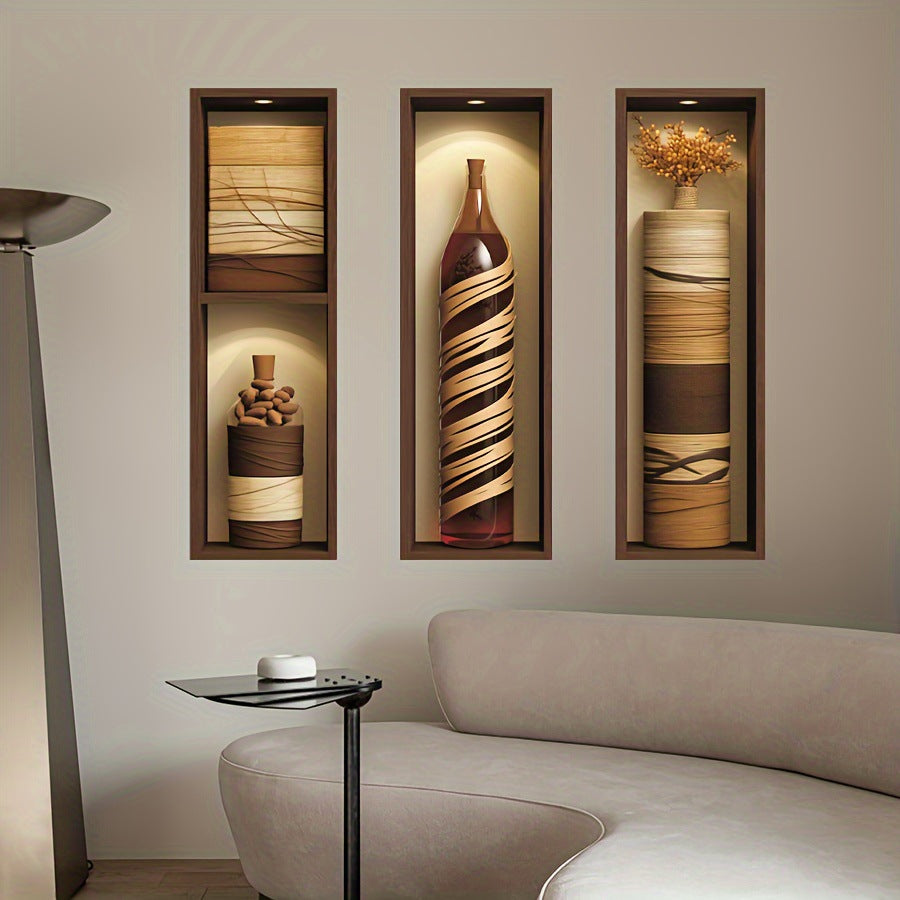 3D Niche Effect Vase & Bottle 3-Panel Wall Sticker Set | PVC Wall Sticker Set for Home Decor