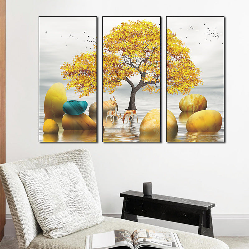 Golden Tree Deer Water Stones 3-Panel PVC Wall Sticker Set | Detail View 4