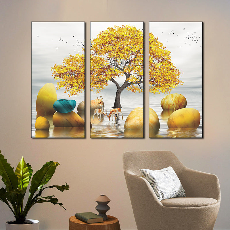 Golden Tree Deer Water Stones 3-Panel PVC Wall Sticker Set | PVC Wall Sticker Set for Home Decor