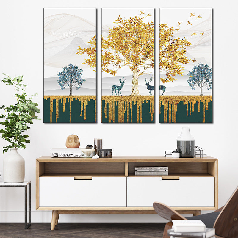 Golden Tree Teal Deer Dripping Gold 3-Panel PVC Wall Sticker Set | PVC Wall Sticker Set for Home Decor