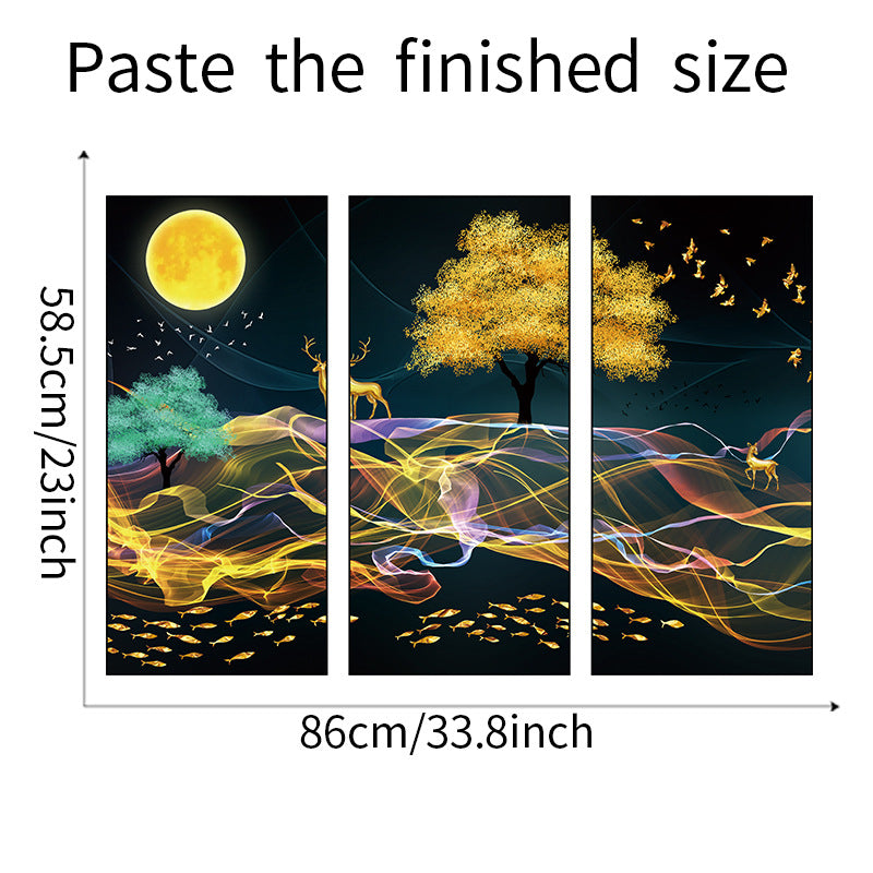 Golden Tree Colorful Ribbon Night Scene 3-Panel Wall Sticker Set | Detail View 8