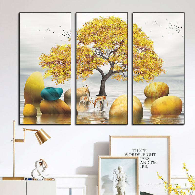 Golden Tree Deer Water Stones 3-Panel PVC Wall Sticker Set | Detail View 2