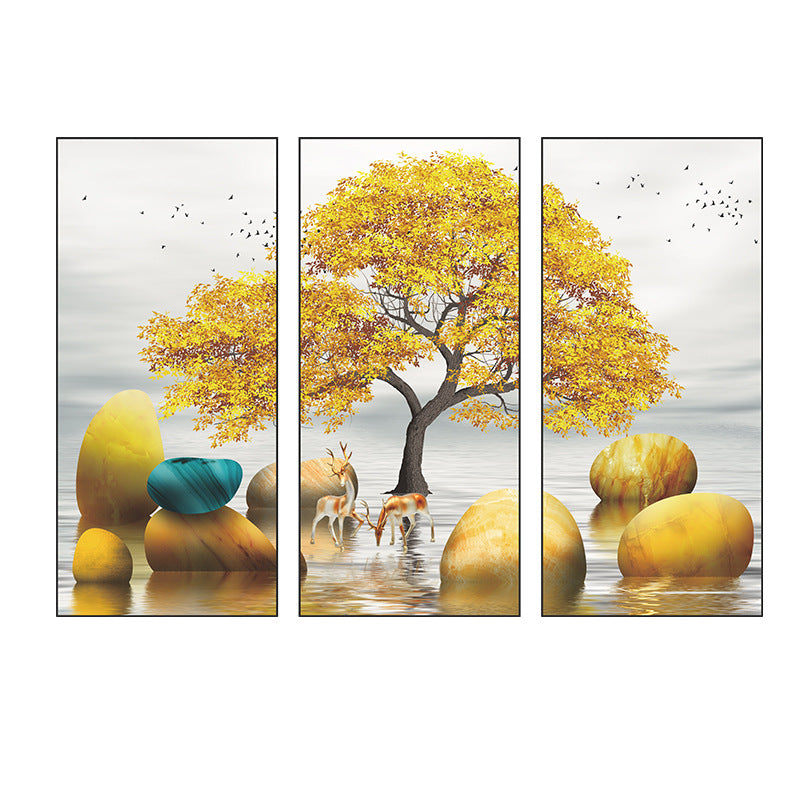 Golden Tree Deer Water Stones 3-Panel PVC Wall Sticker Set | Detail View 5