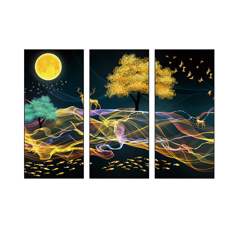 Golden Tree Colorful Ribbon Night Scene 3-Panel Wall Sticker Set | Detail View 5