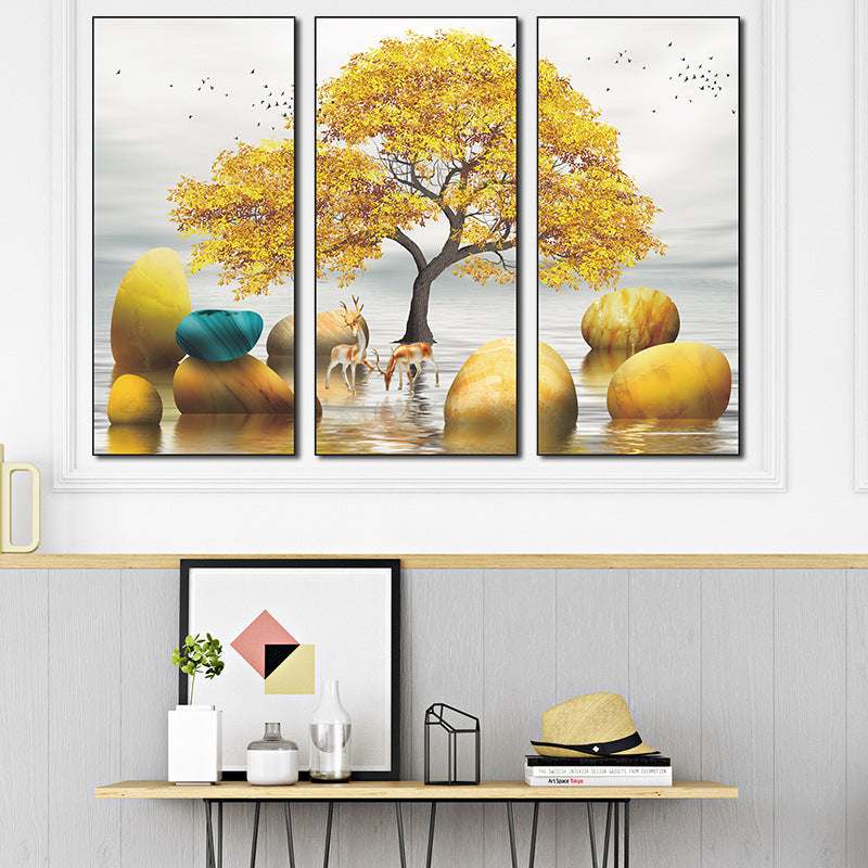 Golden Tree Deer Water Stones 3-Panel PVC Wall Sticker Set | Detail View 3