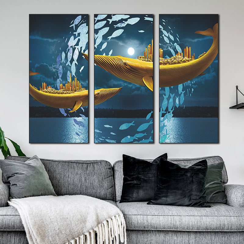 Golden Whale Cityscape 3-Panel Wall Sticker Set | Detail View 2