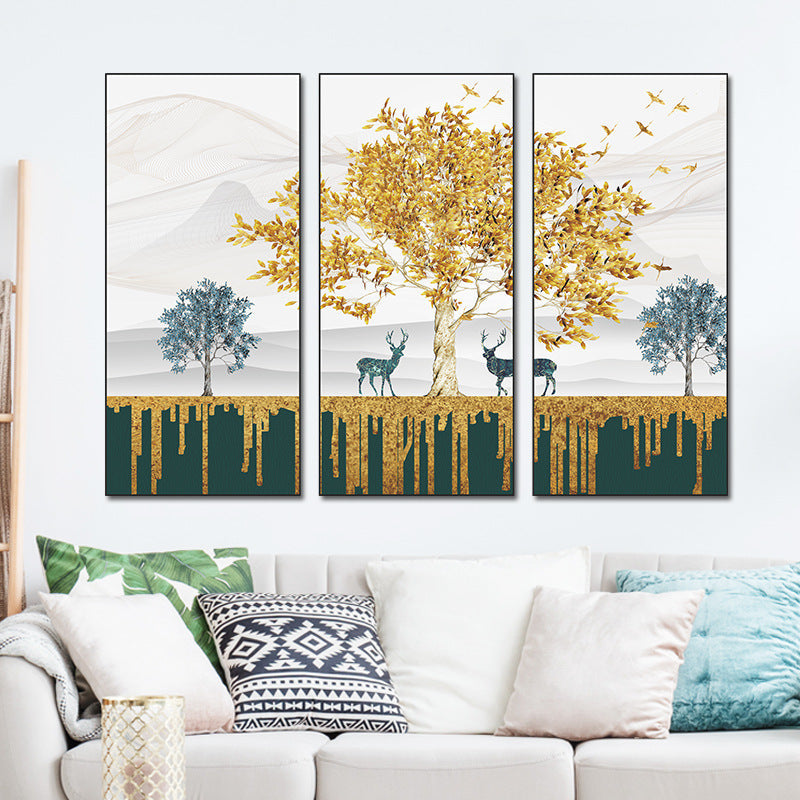 Golden Tree Teal Deer Dripping Gold 3-Panel PVC Wall Sticker Set | Detail View 4