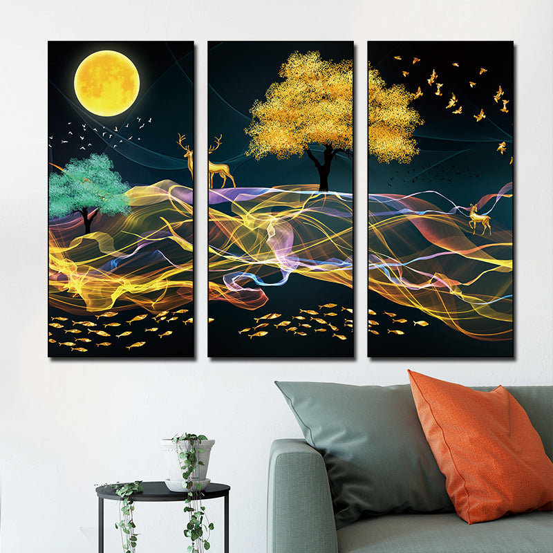 Golden Tree Colorful Ribbon Night Scene 3-Panel Wall Sticker Set | Detail View 2