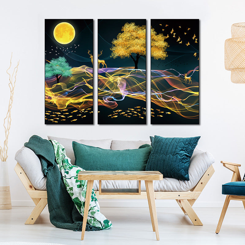 Golden Tree Colorful Ribbon Night Scene 3-Panel Wall Sticker Set | Detail View 3
