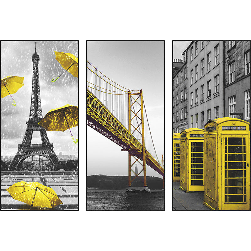 Black White City Architecture with Yellow Accents 3-Panel Wall Sticker Set | Detail View 5