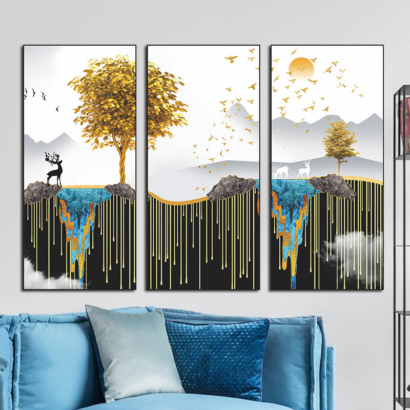 Floating Island Golden Tree Deer 3-Panel Wall Sticker Set | PVC Wall Sticker Set for Home Decor