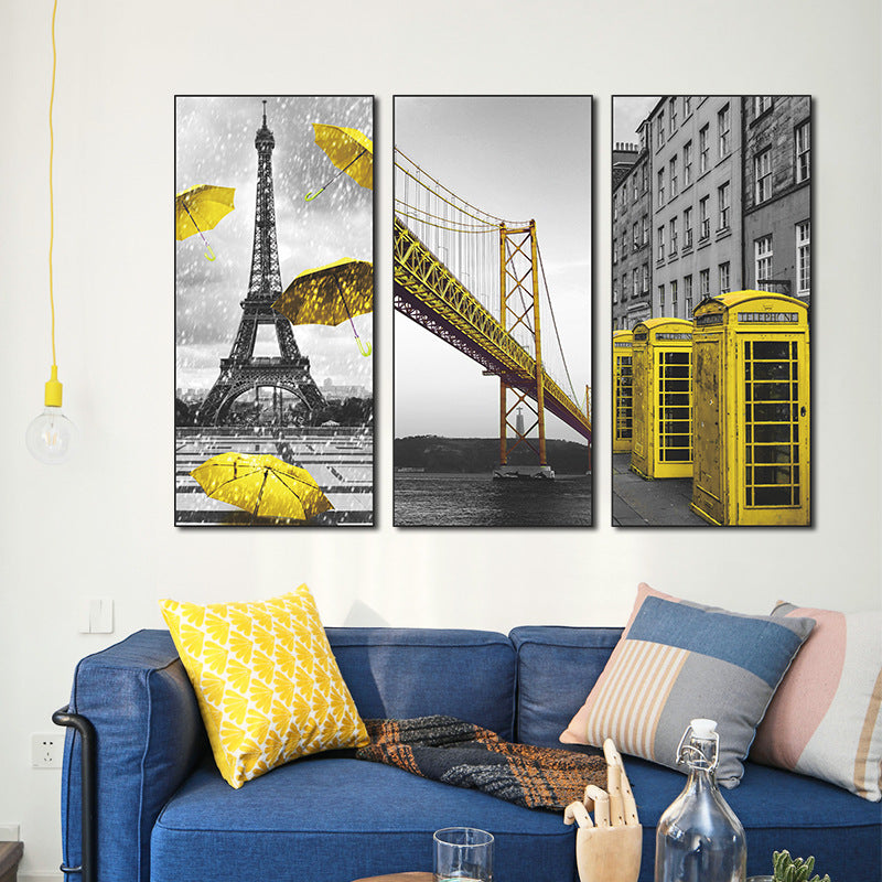 Black White City Architecture with Yellow Accents 3-Panel Wall Sticker Set | Detail View 4