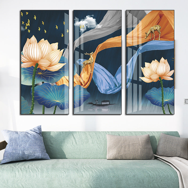 Lotus Flower  Deer 3-Panel Wall Sticker Set | PVC Wall Sticker Set for Home Decor