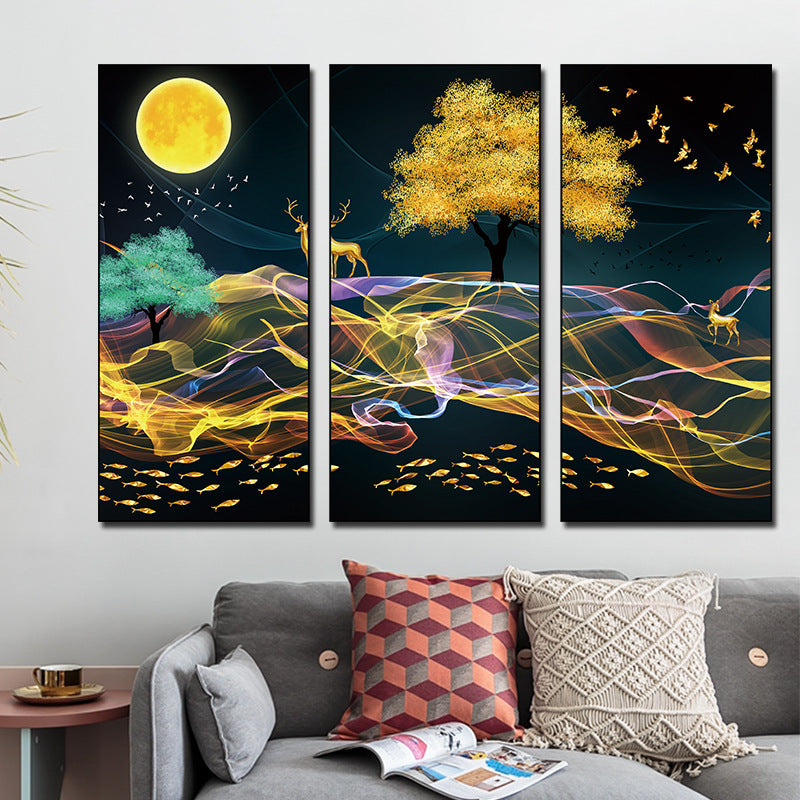Golden Tree Colorful Ribbon Night Scene 3-Panel Wall Sticker Set | PVC Wall Sticker Set for Home Decor