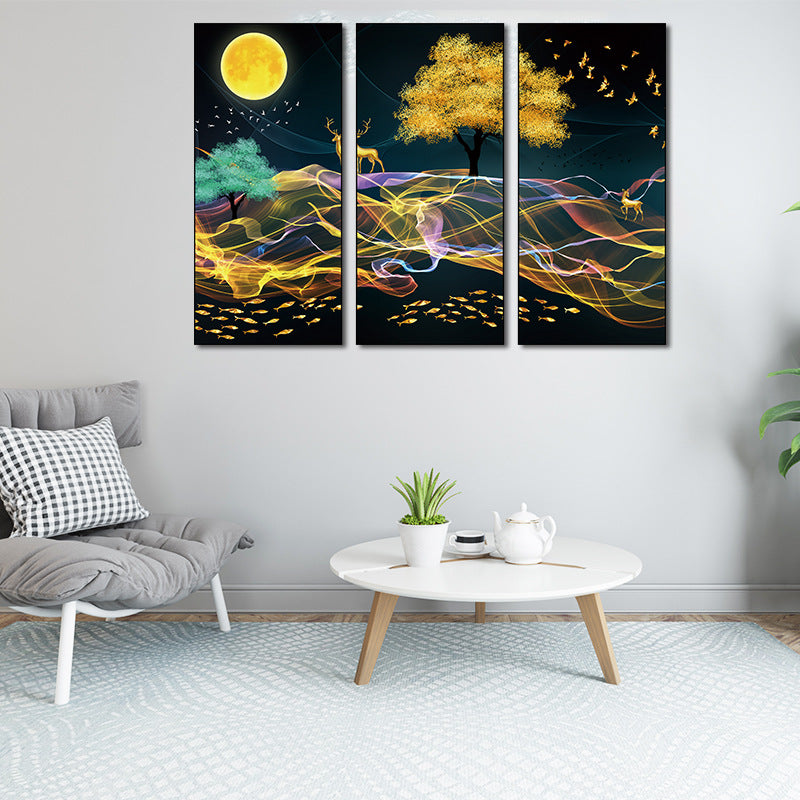 Golden Tree Colorful Ribbon Night Scene 3-Panel Wall Sticker Set | Detail View 4