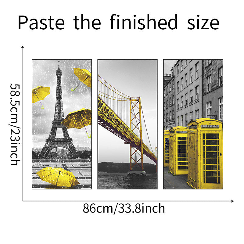 Black White City Architecture with Yellow Accents 3-Panel Wall Sticker Set | Detail View 7
