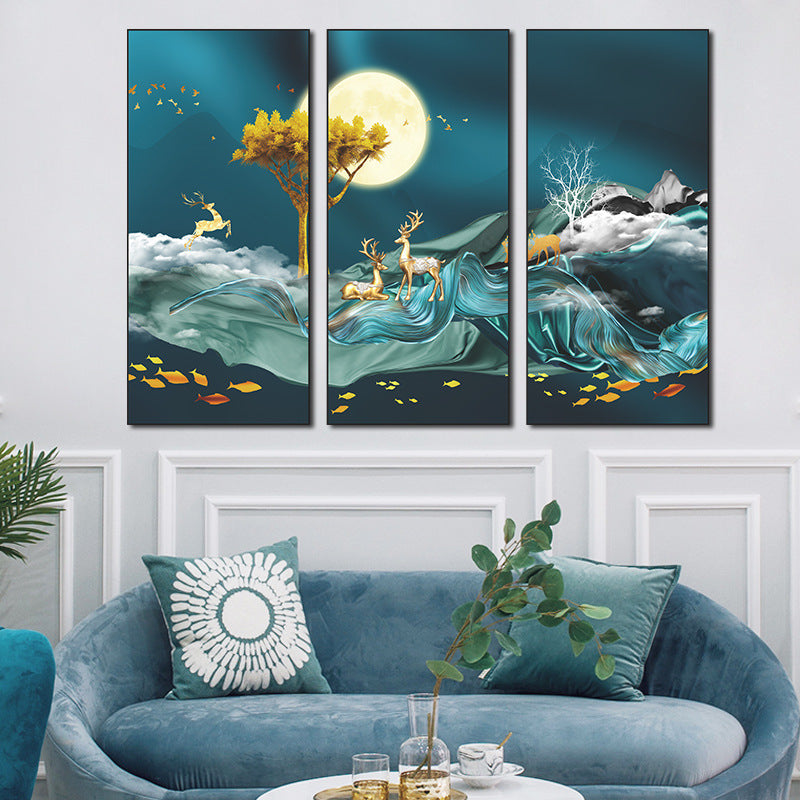 Moonlit Night Deer Landscape 3-Panel Wall Sticker Set | Detail View 2