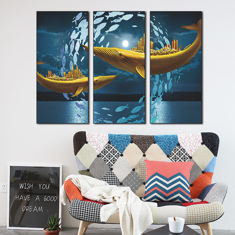Golden Whale Cityscape 3-Panel Wall Sticker Set | PVC Wall Sticker Set for Home Decor