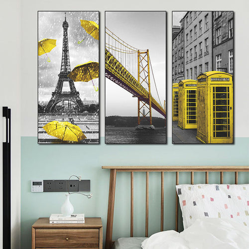 Black White City Architecture with Yellow Accents 3-Panel Wall Sticker Set | PVC Wall Sticker Set for Home Decor
