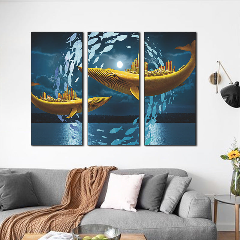 Golden Whale Cityscape 3-Panel Wall Sticker Set | Detail View 3