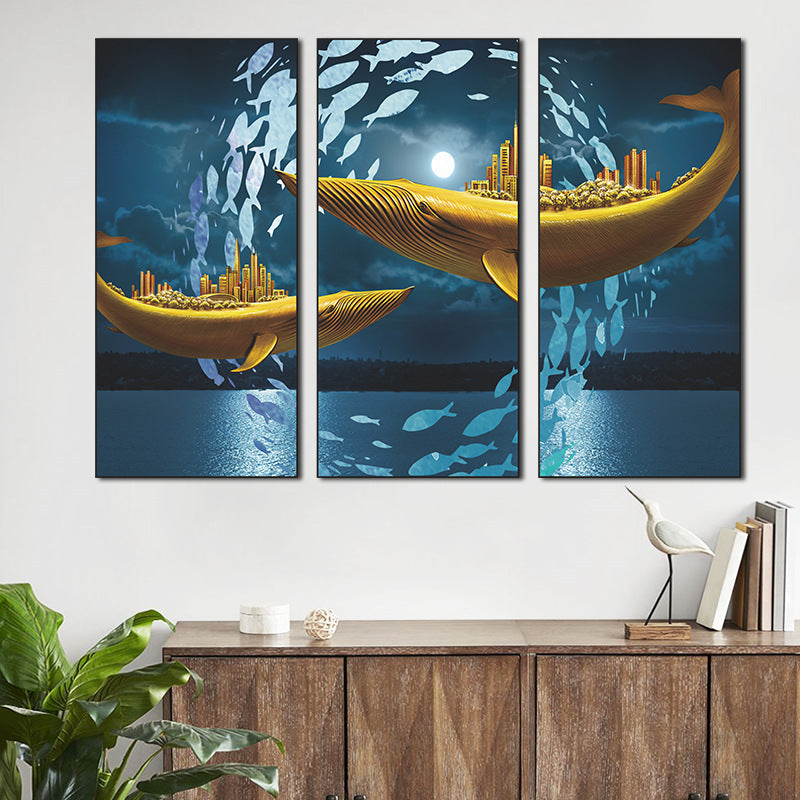 Golden Whale Cityscape 3-Panel Wall Sticker Set | Detail View 4
